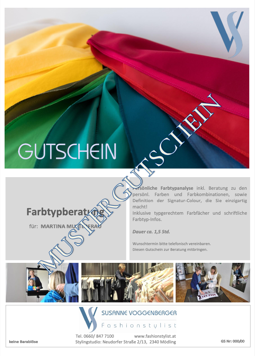 Gutschein für Mode- und Stilberatung von Susanne Voggenberger. Gutschein für eine professionelle Mode- und Stilberatung bei Fashionstylist Susanne Voggenberger.